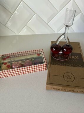 Anthropologie Cherry Glass Candle Holder + Cherry Candles & Beeswax Tapers Set